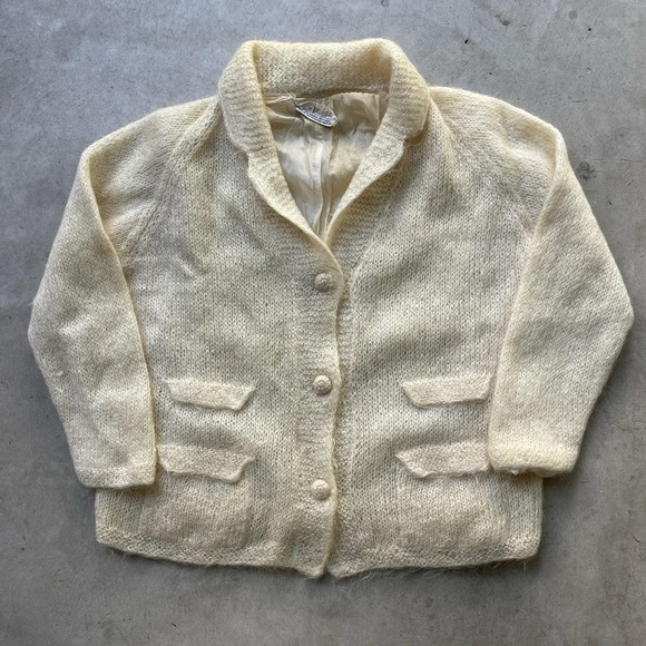 Sweaters - Vintage 60s Mohair Wool Cardigan Shawl Collar Lined Cream Fuzzy Sweater Coat